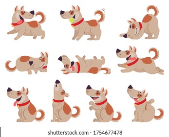 Cartoon dog. Cute dogs in daily routine eating, jumping wiggle and sleeping, running and barking, playing with ball. Puppy pet in different poses doing activities set vector illustration.