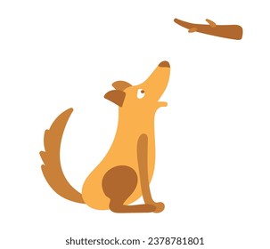 Cartoon dog. Cute funny dog sits and looks at wand. Dog wants to play and have fun. Colored flat cartoon vector illustration isolated on white background. Lovely dog.
