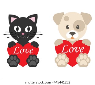 cartoon dog and cute kitty with heart and text