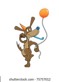 A cartoon dog dancing at a birthday party holding a balloon and wearing a party hat
