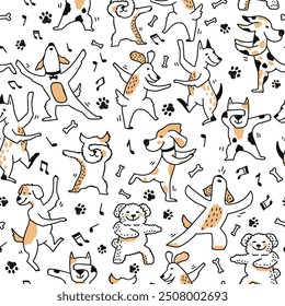 Cartoon dog dancing characters seamless pattern. Wallpaper or fabric seamless background, wrapping paper print or vector pattern with kawaii dogs dancing