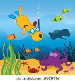 Cartoon Dog Diving In The Ocean