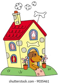 Cartoon dog in doghouse