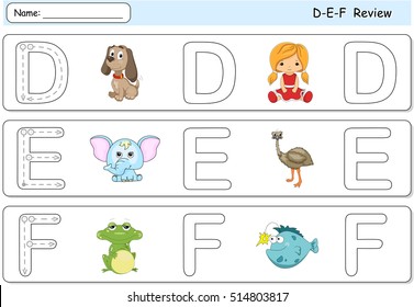 Cartoon dog, doll, elephant, emu, frog and fish. Alphabet tracing worksheet. D-E-F Review