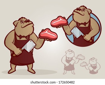 Cartoon dog dressed as a butcher and chopping meat/Retro Butcher Vector Illustration