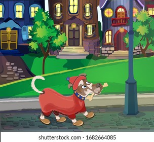A cartoon dog dressed in overalls walks on the background of urban houses and a lawn. Vector illustration on the topic of pets.