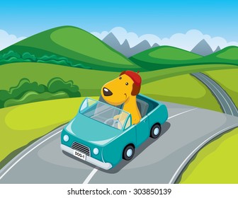 Cartoon Dog Driving a Car