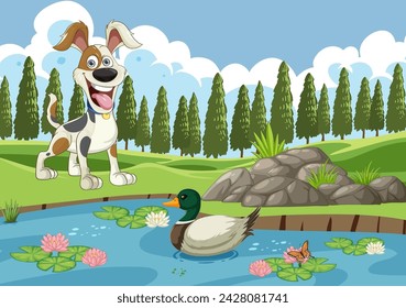 Cartoon dog and duck enjoying a sunny day outdoors