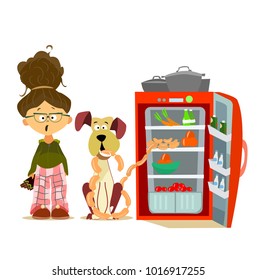 cartoon dog eat sausage and cute girl with chokolate