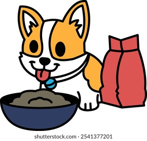 A cartoon dog is eating from a bowl of food. The dog is smiling and he is enjoying its meal