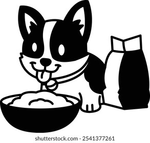 A cartoon dog is eating from a bowl of food. The dog is smiling and he is enjoying its meal