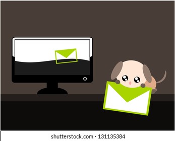 Cartoon dog and e-mail in cute concept illustration