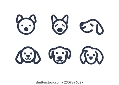 Cartoon Dog face simple vector line icon set