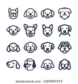 Cartoon Dog face vector line icon set	