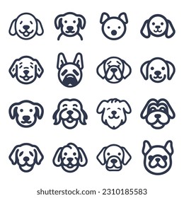 Cartoon Dog face vector line icon set	