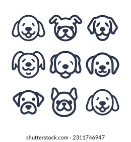 Cartoon Dog face vector line icon set	