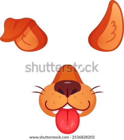 Cartoon dog features including ears, nose, and tongue sticking out, ideal for playful photo filters and social media enhancements