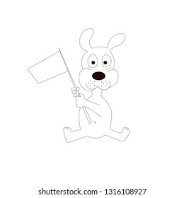 Cartoon dog with flag vector monochrome illustration isolated on white background.