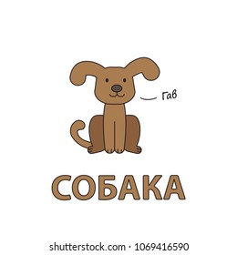 Cartoon dog flashcard. Vector illustration for children education with Dog text in Russian language