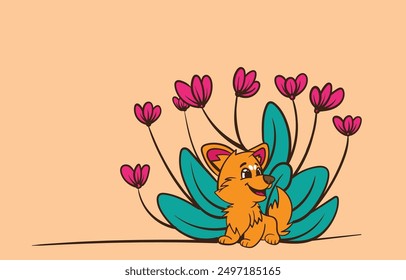 cartoon dog with flower illustration with text copyspace for advertising background