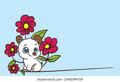 cartoon dog with flower illustration with text copyspace for advertising background