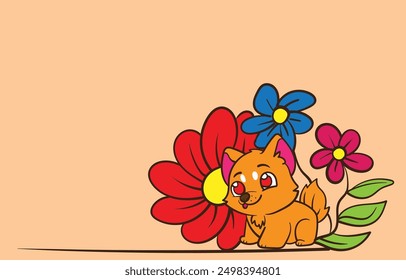 cartoon dog with flower illustration with text copyspace for advertising background