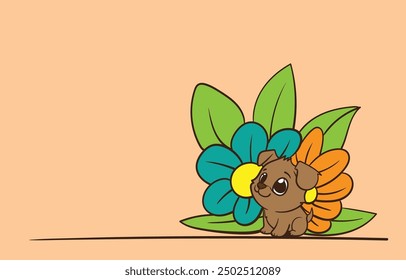 cartoon dog with flower illustration with text copyspace for advertising background