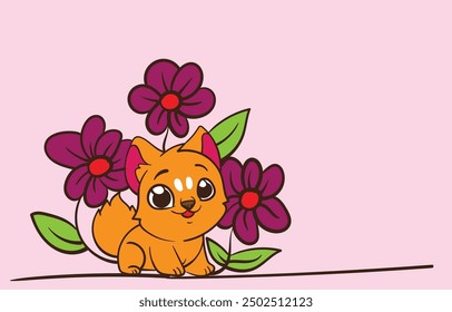 cartoon dog with flower illustration with text copyspace for advertising background