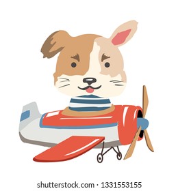 Cartoon dog fly on a airplane. Image for children clothes, postcards.