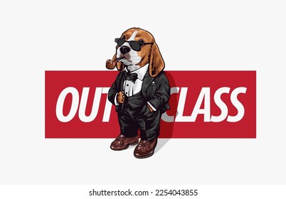 cartoon dog in formal tuxedo on outclass slogan vector illustration