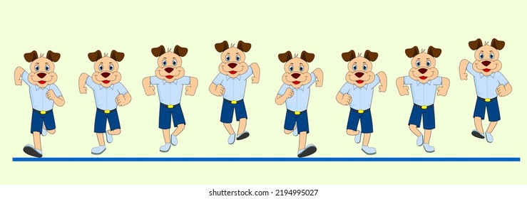 Cartoon Dog Frame by Frame Front Run Cycle, in school dress, Vector Illustration, Easy to Edit, Design for Motion graphics, 2D Animation, Infographics, Motion Graphics, Explanatory Videos