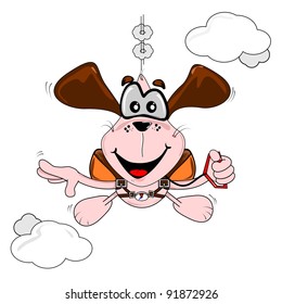 A cartoon dog free fall parachuting on a white background