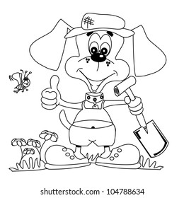 A cartoon dog gardening outline for colouring book