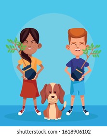 cartoon dog and girl and boy with plants over blue background, colorful design, vector illustration