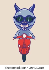 Cartoon dog in glasses riding a motorbike animal transport icon concept isolated flat cartoon style