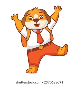Cartoon dog going to school.A joyful cute tiger jumping cub in a school uniform with bag .A dog schoolboy with books.Line art vector illustration.Isolated on white background.Dog reading a book.