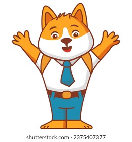 Cartoon dog going to school.A joyful cute tiger jumping cub in a school uniform with bag.A dog schoolboy with books.Line art vector illustration.Isolated on white background.Dog reading a book.