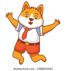 Cartoon dog going to school.A joyful cute tiger jumping cub in a school uniform with bag .A dog schoolboy with books.Line art vector illustration.Isolated on white background.Dog reading a book.