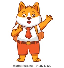 Cartoon dog going to school.A joyful cute tiger jumping cub in a school uniform with bag .A dog schoolboy with books.Line art vector illustration.Isolated on white background.Dog reading a book.