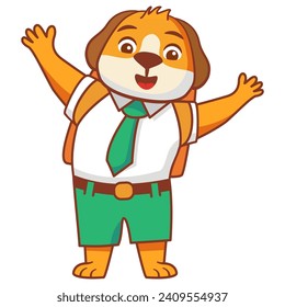 Cartoon dog going to school.A joyful cute tiger jumping cub in a school uniform with bag .A dog schoolboy with books.Line art vector illustration.Isolated on white background.Dog reading a book.