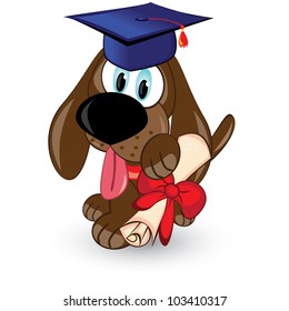 Cartoon dog is a graduate of. Illustration on white background.