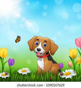 Cartoon dog in the grass background