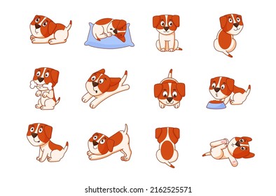 Cartoon dog. Happy pets poses and actions. Funny puppy with emotion expressions collection. Beagle sleeping and running. Domestic mammal with bone or feeder. Vector animal sketches set