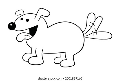 Cartoon dog is happy and wagging its tail, vector illustration. Black outlined and white colored.