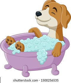 Cartoon dog having a bath in the bathtub