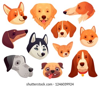 Cartoon dog head. Funny puppy pet muzzle, smiling dog face and pug, retriever husky corgi dogs. Cute playful pets character faces with tongue isolated vector illustration icons collection