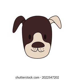 Cartoon dog head with white ear isolated. Colored vector illustration of a dogs head with an outline on a white background. Cute pet illustration.