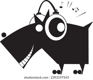 Cartoon dog, headphones original illustration.
Cartoon dog with headphones listens to music. Original black on white illustration
