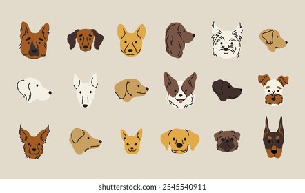 Cabezas de perro de dibujos animados. Iconos divertidos de la cara del cachorro, animales domésticos lindos diferentes razas cabezas, mascota divertida de la cara del perro. colección aislada de Vector.