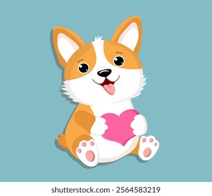 Cartoon dog with heart. Cute funny puppy, corgi breed. Happy birthday greeting card design, Valentine's day. Vector illustration on isolated background.